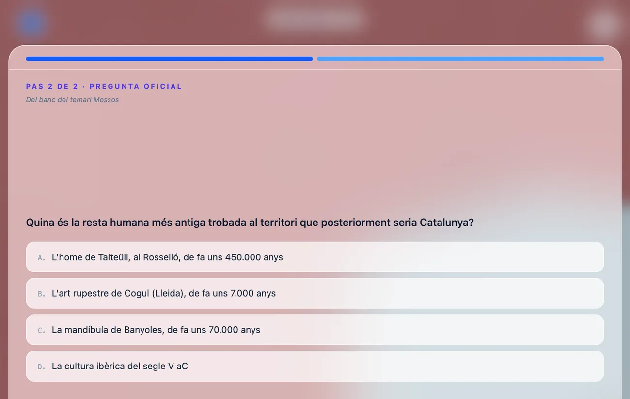 Captura real del joc: pas 2 de 2, pregunta oficial del banc del temari Mossos amb quatre opcions